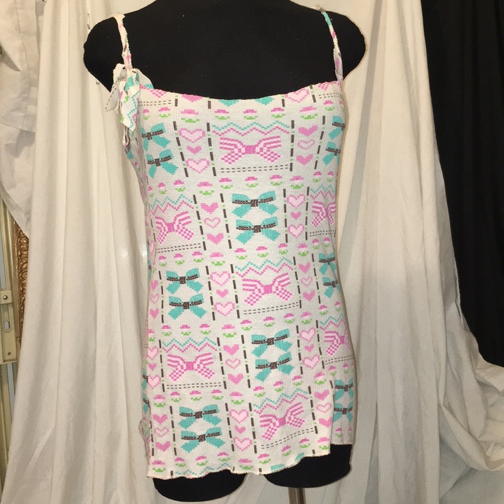Pink blue bow cottage cotton waffle tank top